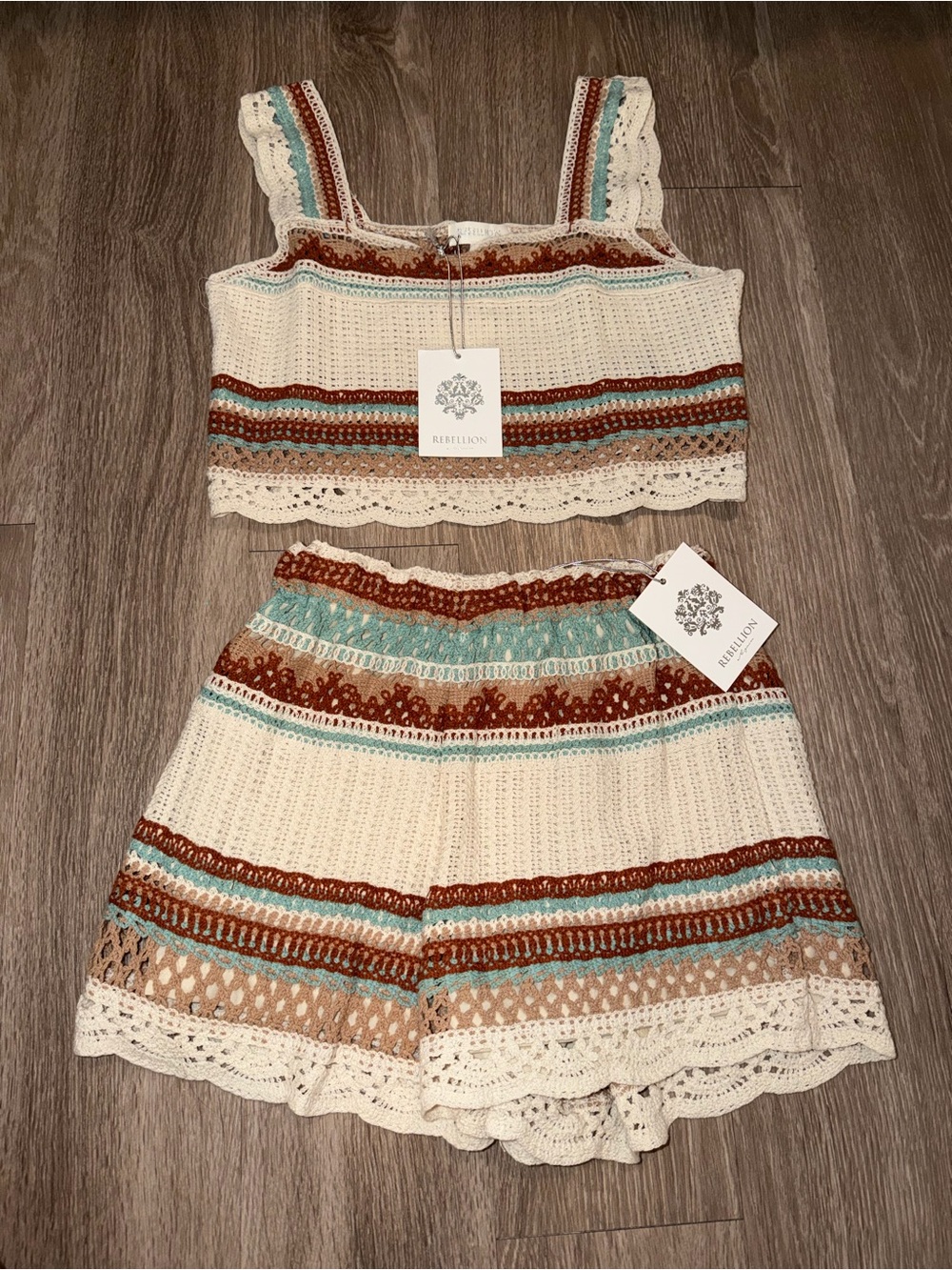 Rebellion Crochet Tank & Shorts Set in Cream, Rust & Aqua